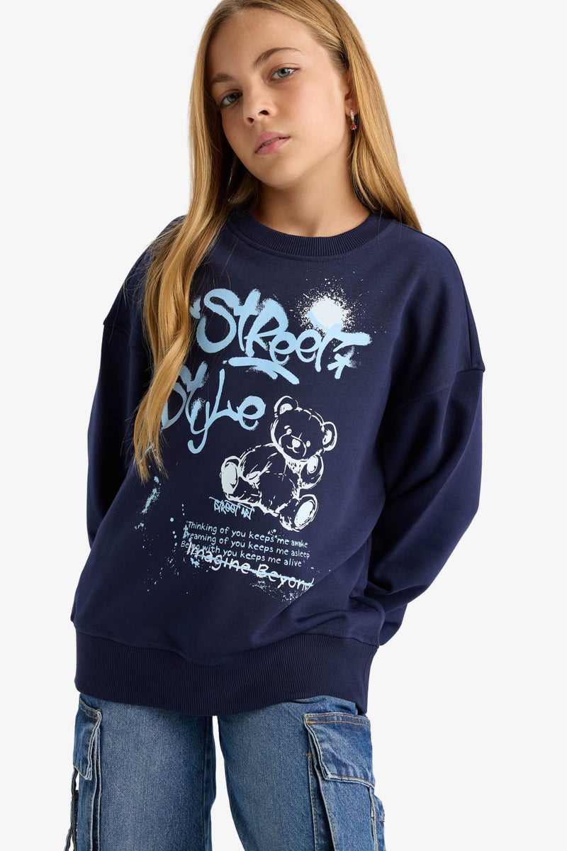 DeFacto Blue Girl Girl Oversize Crew Neck Printed Back Sweatshirt Casual - Image 4